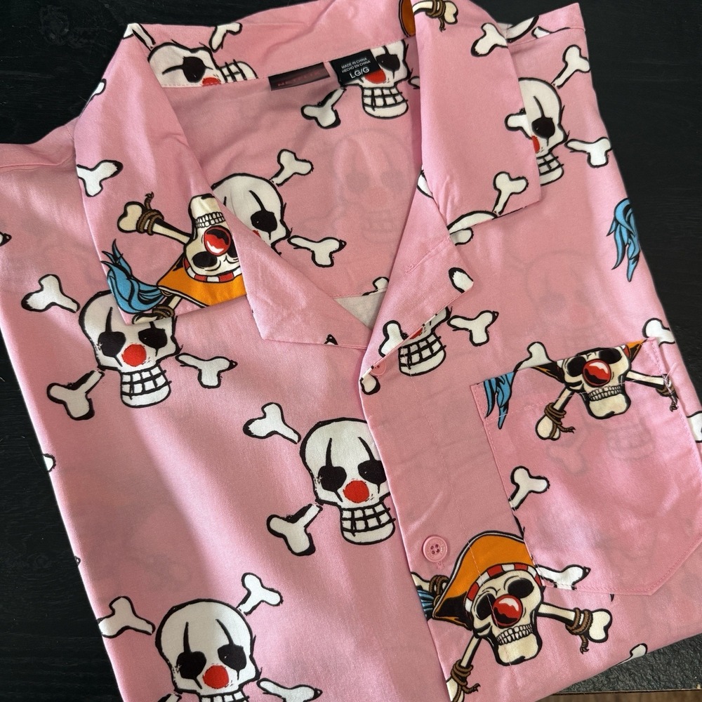 Netflix Mens L Pink Buggy Skull Pirate Clown Graphic Shirt One Piece Button Up‎
